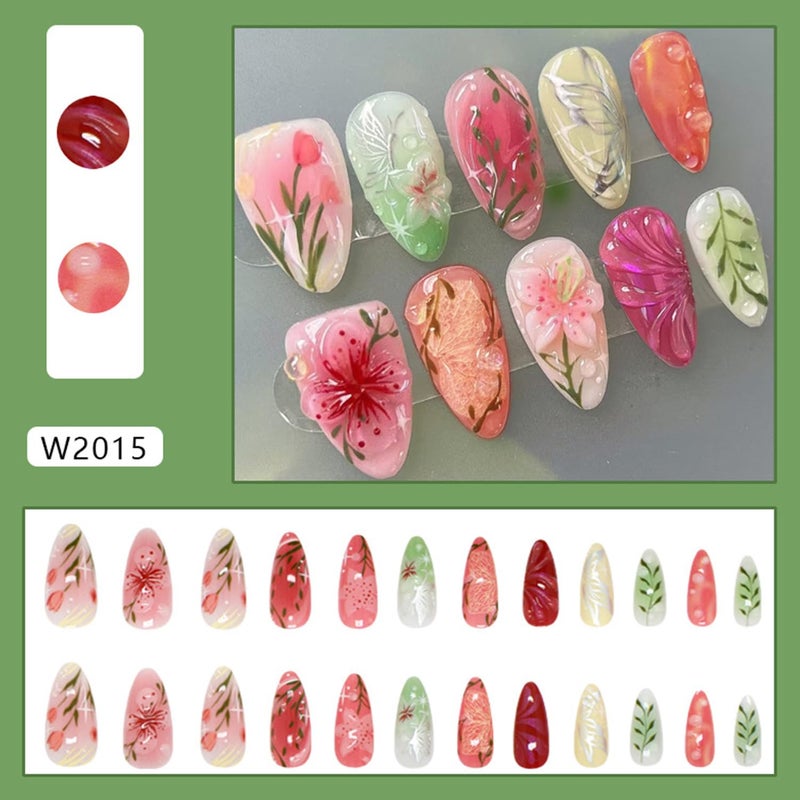 CJDLTS Colorful Flower Press on Nails Medium Almond Artificial Acrylic Nail 3D Blush Floral with Bubble Design Stick on Nails Full Cover Reusable Coffin Glue on Nail Artificial Fingernails for Women - Image 3